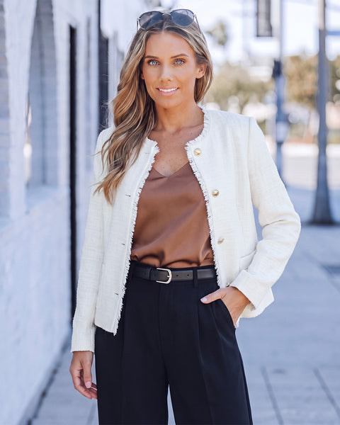 GRAPENT Tweed Blazers for Women Dressy Casual Collarless Work Suit Jackets Textured Tweed, Long Sleeve, Round Neck, Frayed Trim, Casual Blazer Jackets with Shoulder Pads, Business Casual, Office Wear