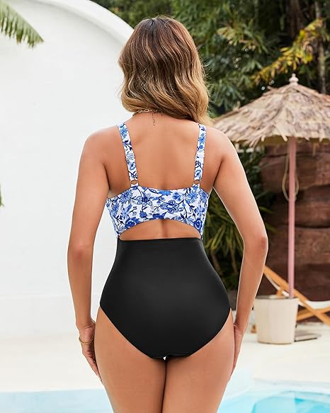 GPAPENT StrapCore One Piece Swimsuit Women V Neck Cross Front Cut Out Printed Color Block Ruched High Waisted Bathing Suits Swimwear