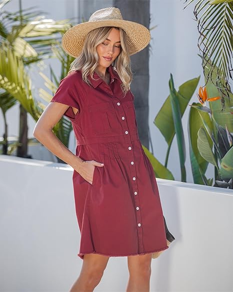 GRAPENT Denim Dresses for Women Short Sleeve Babydoll Pleated Raw Hem Distressed Casual Western Jean Dress with Pockets