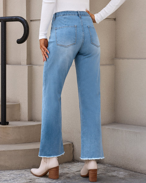 GRAPENT Straight Leg Jeans for Women High Waisted Stretchy Frayed Raw Hem Loose Denim Pants Casual Baggy Jean Trousers