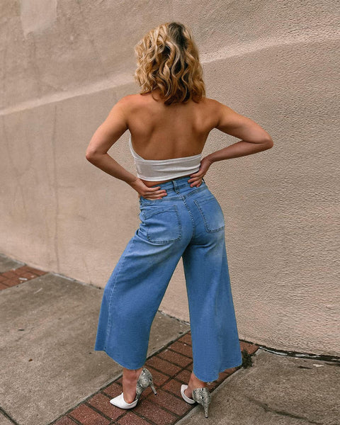 GRAPENT Jean Capris for Women Wide Leg Jeans High Waisted Seamed Front Raw Hem Denim Capri Pants Stretchy