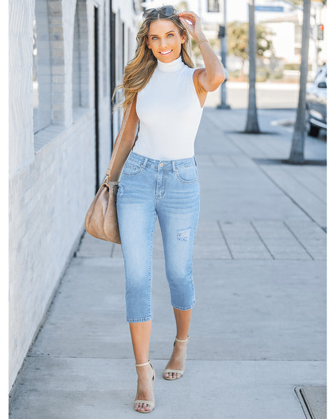 GRAPENT Capris Jeans for Women High Waisted Stretchy Ripped Skinny Denim Capri Pants Distressed Cropped Jeggings Casual