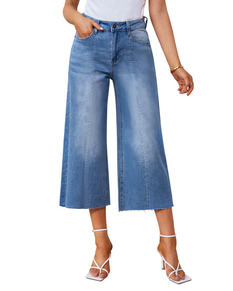 GRAPENT Jean Capris for Women Wide Leg Jeans High Waisted Seamed Front Raw Hem Denim Capri Pants Stretchy