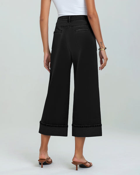 GRAPENT Wide Leg Jeans for Women High Waisted Stretchy Denim Capri Pants Fold Hem Cropped Baggy Capris Jeans with Pocket