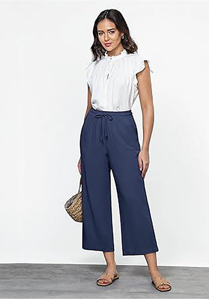 GRAPENT Linen Pants for Women High Waisted Wide Leg Capri Elastic Waist Casual Beach Flowy Cropped Summer Capris Pants