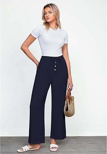 GRAPENT Linen Wide Leg Pants Woman High Waisted Pull On Button Drawstring Baggy Casual Summer Palazzo Pants with Pockets