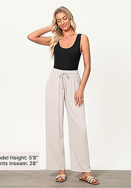 GRAPENT Linen Pants for Women Wide Leg High Waisted Baggy Drawstring Elastic Waist Palazzo Trousers Pants with Pockets