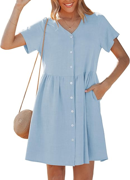 GRAPENT Linen Dresses for Women Casual Summer Babydoll Button Down Short Sleeve V Neck Above Knee Dress with Pockets