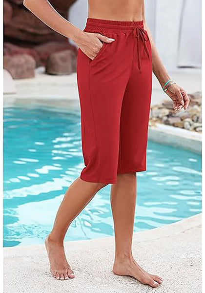 GRAPENT Women's Casual Elastic Waist Swim Pants Drawstring Jammer Knee-Length