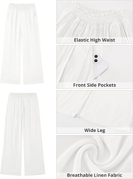 GRAPENT Linen Pants for Women Wide Leg High Waisted Paper Bag Smocked Waist Casual Summer Beach Vacation Palazzo Pants