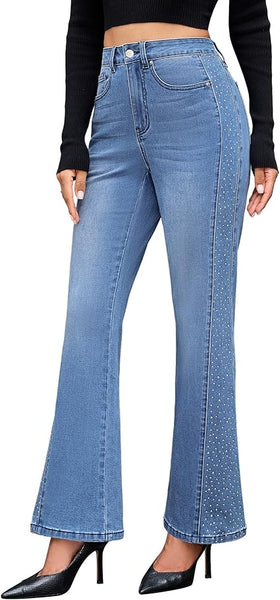 GRAPENT Flare Jeans for Women High Waisted Trendy Wide Leg Embellished Rhinestone Sparkly Concert Stretchy Denim Pants