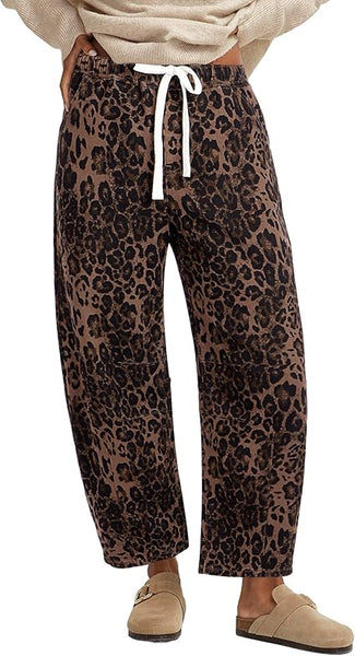 GRAPENT Barrel Jeans for Women Trendy High Waisted Pull On Wide Leg Cropped Leopard Cheetah Print Stretchy Denim Pants