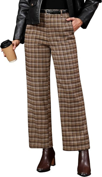 GRAPENT Plaid Pants for Women Wide Leg High Waisted Tartan Work Business Casual Elastic Waist Trousers Pants with Pocket