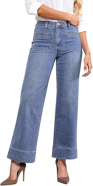 GRAPENT Wide Leg Jeans Woman Trendy High Waisted Patch Pocket Stretchy Denim Pants Vintage Casual Trouser Jeans