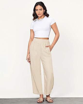 GRAPENT Linen Pants Women Wide Leg High Waisted Cropped Barrel Pull On Smocked Elastic Waist Summer Pants with Pockets