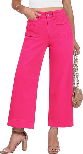 GRAPENT Cropped Jeans for Women Trendy 2026 Wide Leg High Waisted Patch Pocket Stretchy Denim Pants Short Trouser Jeans