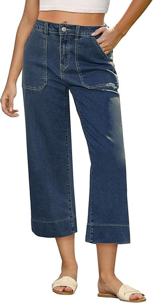 GRAPENT Capri Jeans for Women High Waisted Wide Leg Trendy Strechy Loose Straight Cropped Denim Jeans Pants with Pockets
