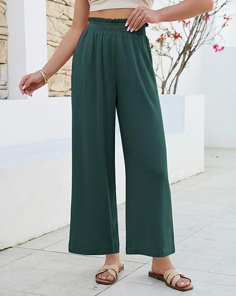 GRAPENT Linen Pants for Women Wide Leg High Waisted Paper Bag Smocked Waist Casual Summer Beach Vacation Palazzo Pants