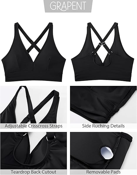GRAPENT Bikini Top for Women V Neck Ruched Criss Cross Padded Beach Vacation Bathing Suit Modest Cute Swim Suit Top Only