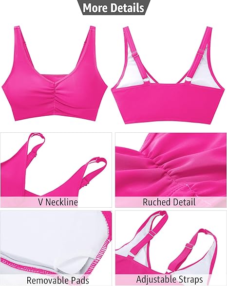 GRAPENT Bikini Tops for Women Ruched Cropped Tankini Tops Beach Adjustable Straps Bathing Suit Padded Swimwear Top Only