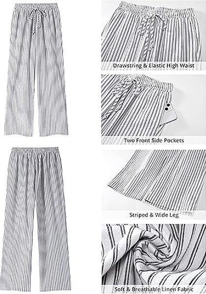 GRAPENT Striped Pants for Women High Waisted Wide Leg Cotton Linen Trendy Beach Pull on Elastic Waist Casual Flowy Pants