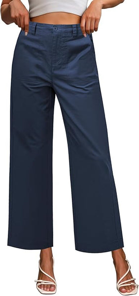GRAPENT Wide Leg Pants for Women Cropped Chino High Waisted Business Casual Elastic Waist Work Trouser Pants with Pocket