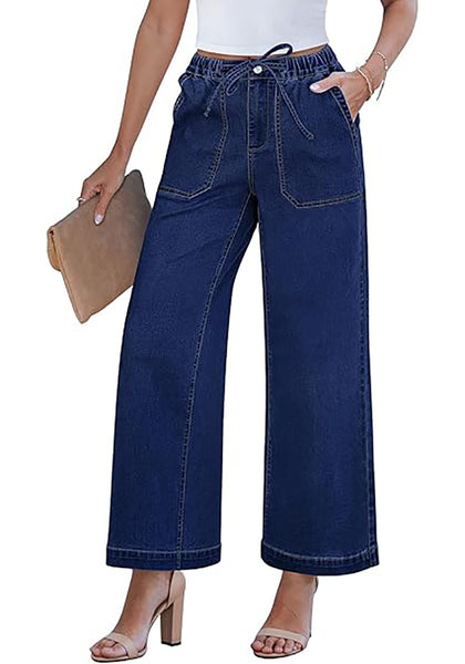GRAPENT Wide Leg Jeans for Women Trendy High Waisted Drawstring Tie Elastic Waist Stretchy Denim Pants Trouser Jeans