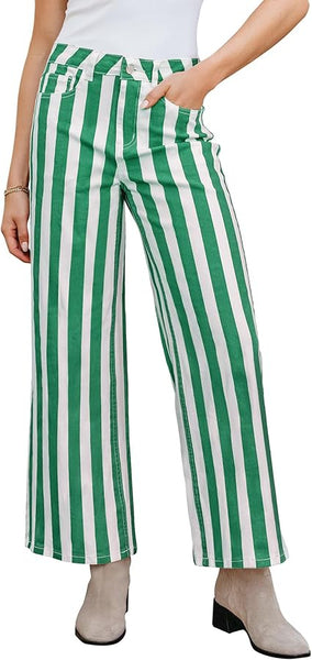 GRAPENT Women Jeans Striped Wide Leg High Waisted Trendy Stretchy Denim Pants Cute Casual Trouser Jeans with Pockets