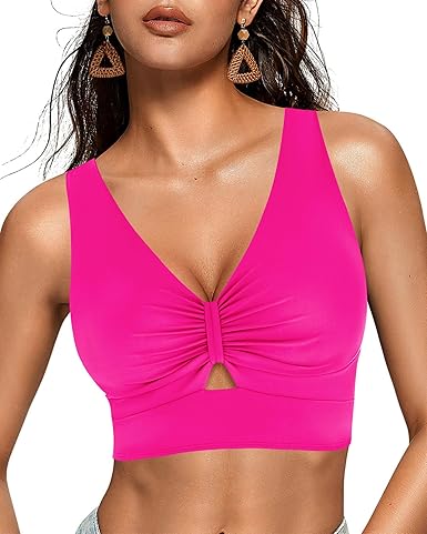 GRAPENT StrapCore Bikini Tops for Women Cropped Tankini Tops Beach Ruched Knot Cut Out Padded Adjustable Swimwear Swim Top Only