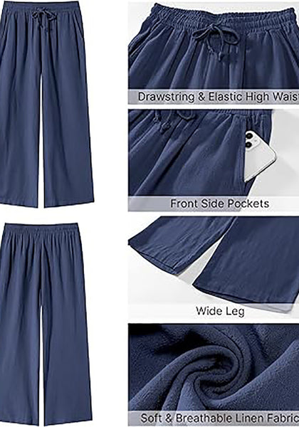 GRAPENT Linen Pants for Women High Waisted Wide Leg Capri Elastic Waist Casual Beach Flowy Cropped Summer Capris Pants