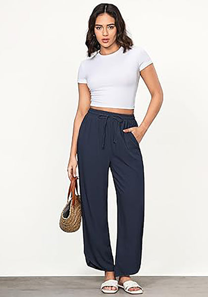 GRAPENT Linen Pants Women High Waisted Wide Leg Casual Beach Pull On Elastic Waist Summer Cropped Pants with Pockets