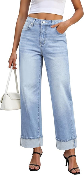 GRAPENT Wide Leg Jeans for Women Trendy High Waisted Cuffed Hem Stretchy Denim Trousers Pants Work Casual Jeans