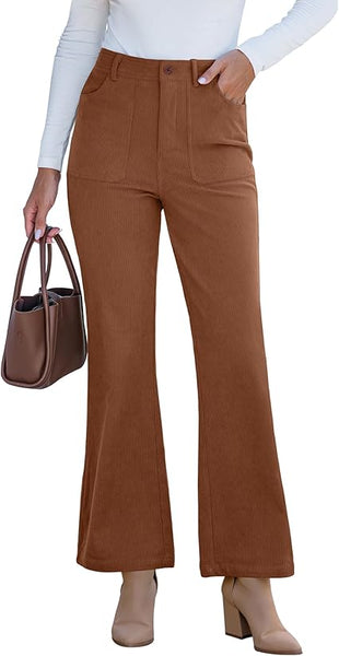 GRAPENT Corduroy Pants for Women Flare High Waisted Fall Winter Elastic Waist Stretchy Work Casual Trendy Wide Leg Pants
