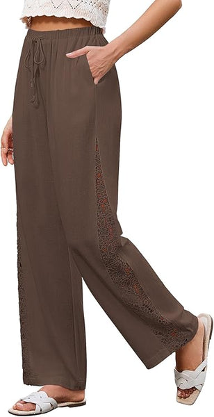 GRAPENT Linen Pants Women Wide Leg High Waisted Crochet Panel Pull On Elastic Waist Casual Summer Beach Vacation Pants