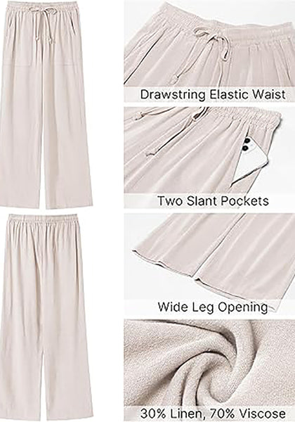 GRAPENT Linen Pants for Women Wide Leg High Waisted Baggy Drawstring Elastic Waist Palazzo Trousers Pants with Pockets