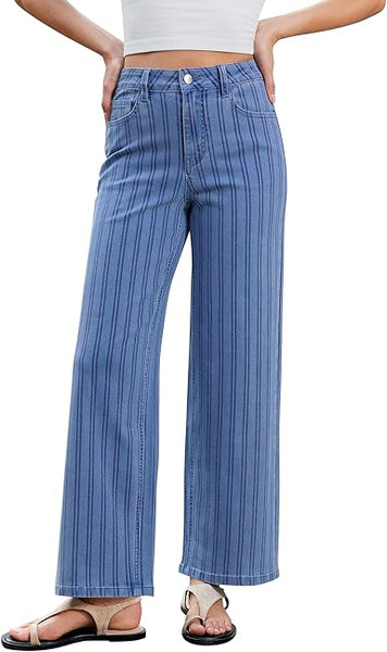 GRAPENT Striped Jeans for Women Trendy High Waisted Wide Leg Dressy Casual Stretchy Denim Pants Trouser Jeans