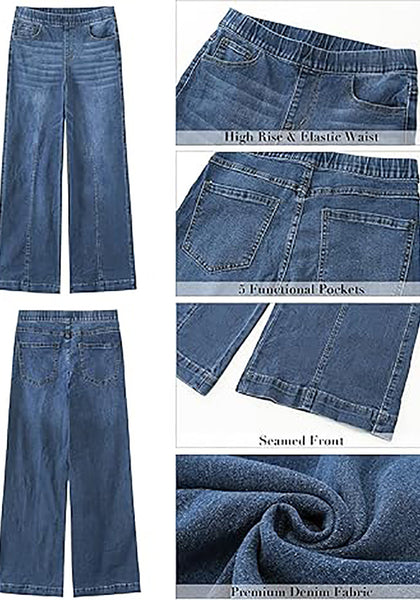 GRAPENT Pull On Womens Jeans Baggy Stretchy High Waisted Denim Wide Leg Trouser Pants Trendy Front Seam 90s Loose Jean