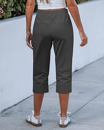 GRAPENT Capri Pants for Women Cargo Elastic Waist Pull On Drawstring Summer Casual Capris Cotton Chino Cropped Pants