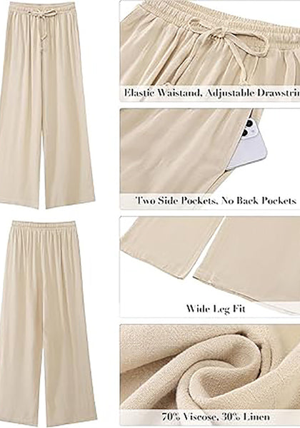 GRAPENT Wide Leg Pants Woman Linen High Waisted Pull On Flowy Casual Baggy Drawstring Palazzo Trousers Pants Resort Wear