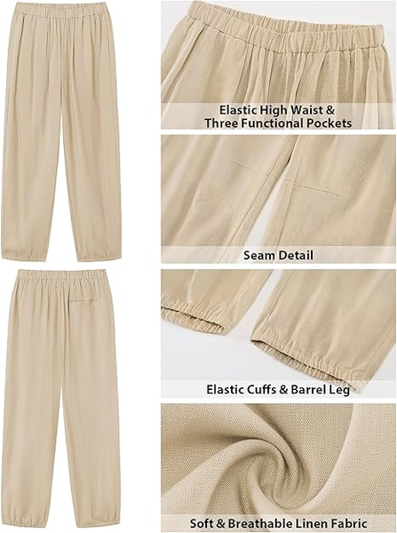 GRAPENT Capri Pants for Women Linen Barrel High Waisted Pull On Elastic Waist Casual Summer Capris Beach Vacation Pants