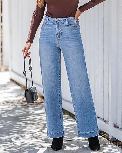 GRAPENT Wide Leg Jeans Woman High Waisted Trendy Stretchy Denim Pants Classic Trouser Jeans with Slash Pockets