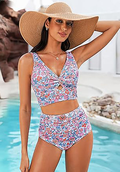GRAPENT Bikini Tops for Women Cropped Tankini Tops Floral Printed Beach Padded Knot Twist Cut Out Bathing Suit Top Only