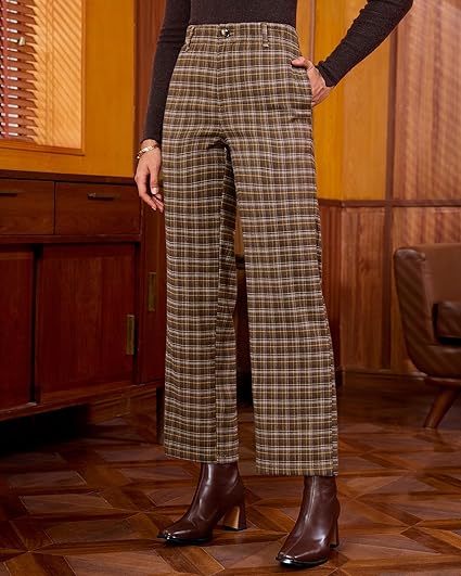 GRAPENT Plaid Pants for Women Wide Leg High Waisted Tartan Work Business Casual Elastic Waist Trousers Pants with Pocket