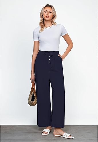 GRAPENT Linen Wide Leg Pants Woman High Waisted Pull On Button Drawstring Baggy Casual Summer Palazzo Pants with Pockets