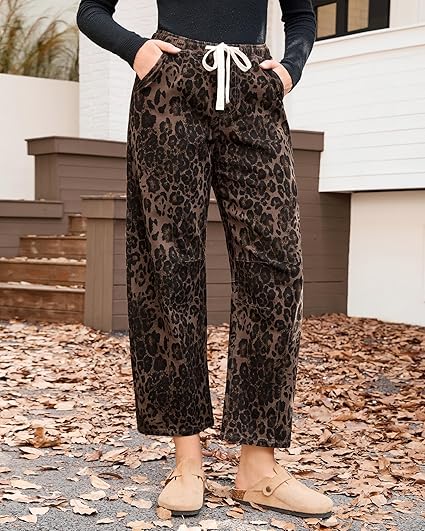 GRAPENT Barrel Jeans for Women Trendy High Waisted Pull On Wide Leg Cropped Leopard Cheetah Print Stretchy Denim Pants