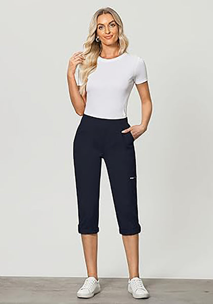 GRAPENT Capri Cargo Pants for Women High Waisted Pull On Elastic Waist Stretch Twill Fold Hem Capris Pants with Pockets