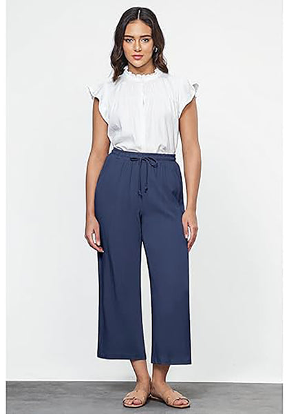 GRAPENT Linen Pants for Women High Waisted Wide Leg Capri Elastic Waist Casual Beach Flowy Cropped Summer Capris Pants