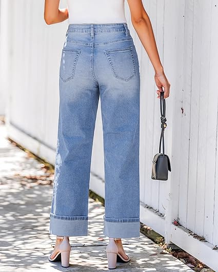 GRAPENT Wide Leg Jeans for Women Trendy High Waisted Cuffed Hem Stretchy Denim Trousers Pants Work Casual Jeans