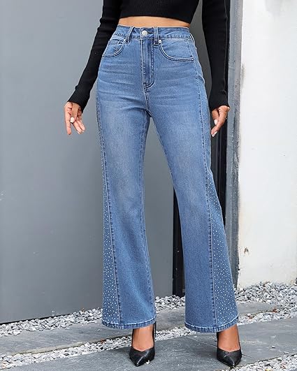 GRAPENT Flare Jeans for Women High Waisted Trendy Wide Leg Embellished Rhinestone Sparkly Concert Stretchy Denim Pants