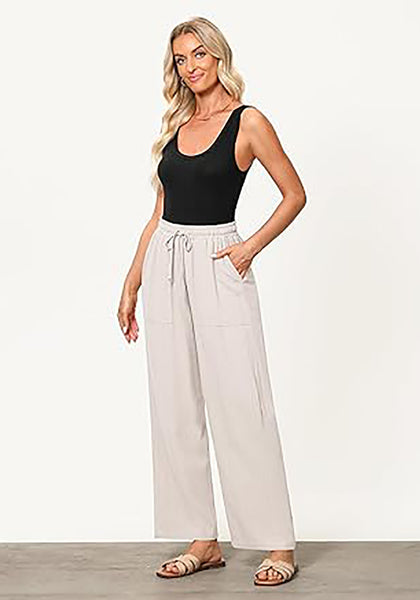 GRAPENT Linen Pants for Women Wide Leg High Waisted Baggy Drawstring Elastic Waist Palazzo Trousers Pants with Pockets